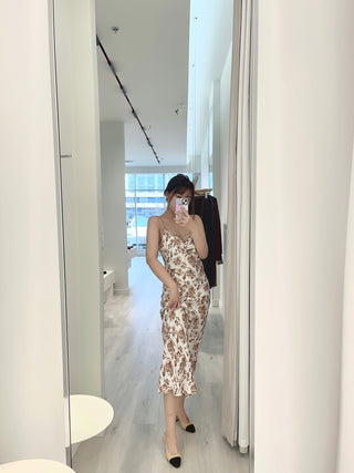 White Brown Rose Print Slip Midi Dress