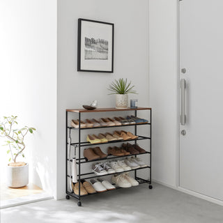 Rolling Five-Tier Shoe Rack (" H) - Steel + Wood - By Baano