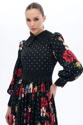 Elegant Floral Maxi Dress with Shirt Collar - By Baano