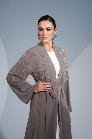 Handmade Crystal Embellished Motifs Abaya-Kimono - By Baano