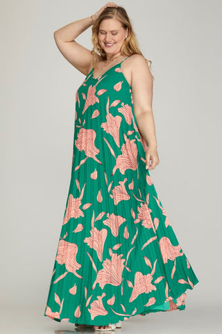 Pleated Woven Floral Print Maxi Dress