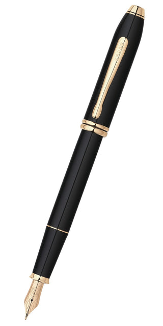 Townsend® Black Lacquer with 23KT Gold-Plated Appointments and Solid 18KT Gold Medium Nib Fountain Pen - By Baano