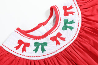 Red Christmas Bows Smocked Bishop Dress