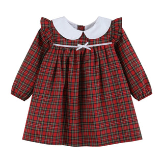 Red Christmas Plaid Colllared Ruffle Dress