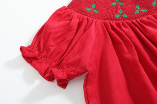 Red Corduroy Mistletoe Smocked Bishop Dress