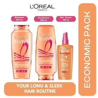 Loreal Paris Elseve (Elvive) Dream Long 3 Economic Pack Shampoo,Conditioner and Lamination Hair Serum Set Chivela