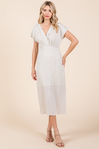 Linen V Neck Wrap Ruched Sheath Midi Dress