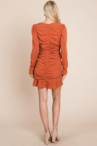 Long Sleeve Ruched Frill Hem Mini Dress