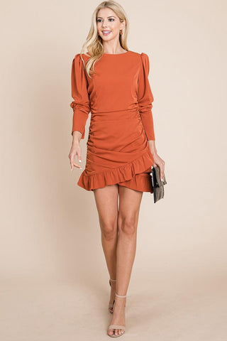 Long Sleeve Ruched Frill Hem Mini Dress