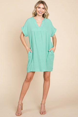 Plus Gauze Raw Edge V Neck Pocket Shift Mini Dress