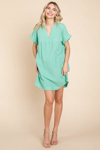 Plus Gauze Raw Edge V Neck Pocket Shift Mini Dress