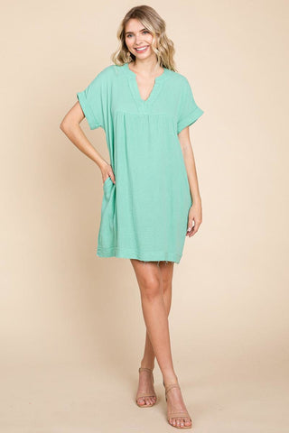 Plus Gauze Raw Edge V Neck Pocket Shift Mini Dress