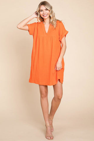 Plus Gauze Raw Edge V Neck Pocket Shift Mini Dress