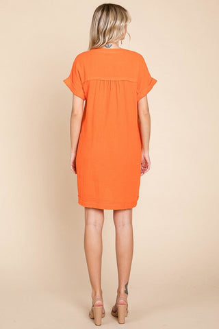 Plus Gauze Raw Edge V Neck Pocket Shift Mini Dress