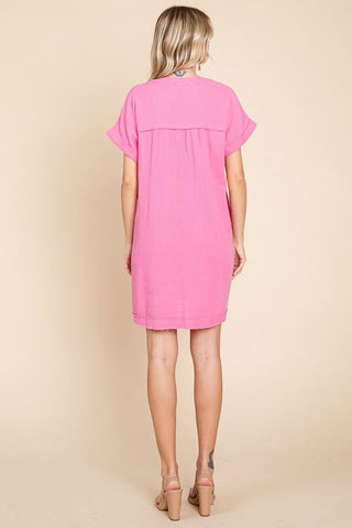 Plus Gauze Raw Edge V Neck Pocket Shift Mini Dress