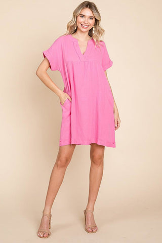 Plus Gauze Raw Edge V Neck Pocket Shift Mini Dress