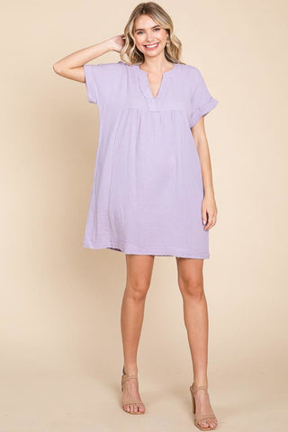 Plus Gauze Raw Edge V Neck Pocket Shift Mini Dress