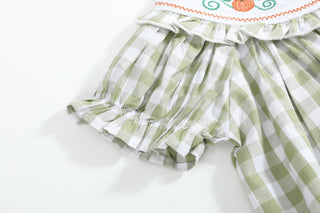 Sage Green Gingham Pumpkin Smocked Bishop Dress