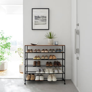 Rolling Five-Tier Shoe Rack (" H) - Steel + Wood - By Baano