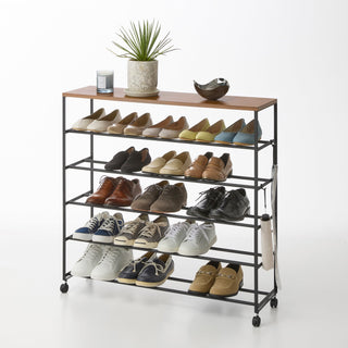 Rolling Five-Tier Shoe Rack (" H) - Steel + Wood - By Baano