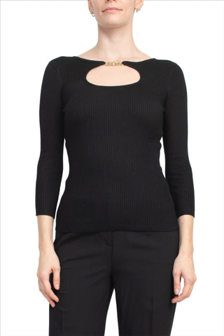 T Tahari Boat Neck Gold Metal Chain 3/4 Sleeve Ribbed Cutout Front Knit Top - Glamourous Grace