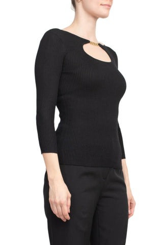 T Tahari Boat Neck Gold Metal Chain 3/4 Sleeve Ribbed Cutout Front Knit Top - Glamourous Grace
