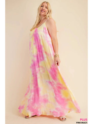 Pink and Yellow Soft Tie-Dye Fabrication Strappy Maxi Dress