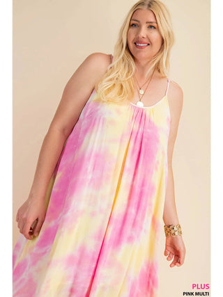 Pink and Yellow Soft Tie-Dye Fabrication Strappy Maxi Dress