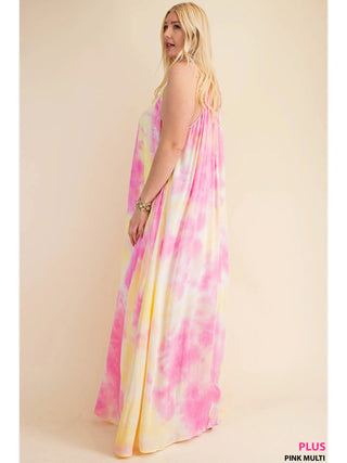 Pink and Yellow Soft Tie-Dye Fabrication Strappy Maxi Dress