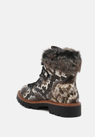 tyra snake print faux fur cuff boots