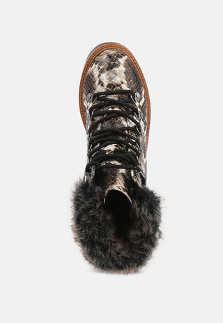 tyra snake print faux fur cuff boots