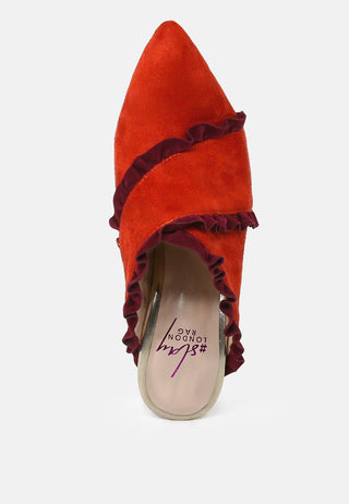 Venessa Blush High Heel Pointed Mules With Ruffles