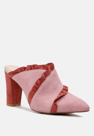 Venessa Blush High Heel Pointed Mules With Ruffles