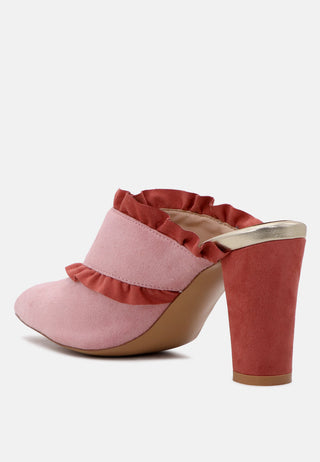 Venessa Blush High Heel Pointed Mules With Ruffles