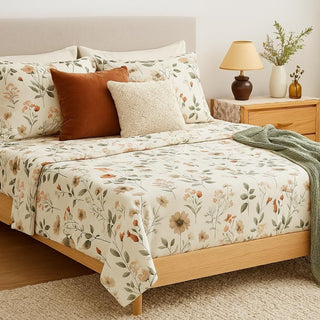 DaDalogy Enchanted Meadow Bed Sheet Set - Floral Harmony in Beige, Rose, and Soft Green, Premium Soft Microfiber, Machine Washable, Deep Pocket 14 - 15 Inches + Flat Sheet