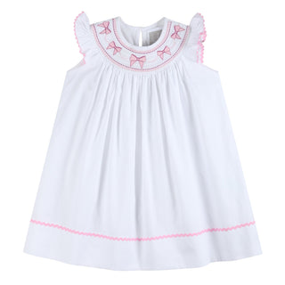 White and Pink Bows Smocked Bishop Dress