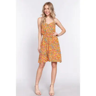 Yellow Round Neck Waist Shirring Floral Printed Woven Dress