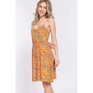 Yellow Round Neck Waist Shirring Floral Printed Woven Dress