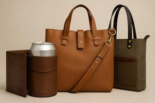 Assorted leather accessories including wallets, tote bags, and a can holder on a neutral background