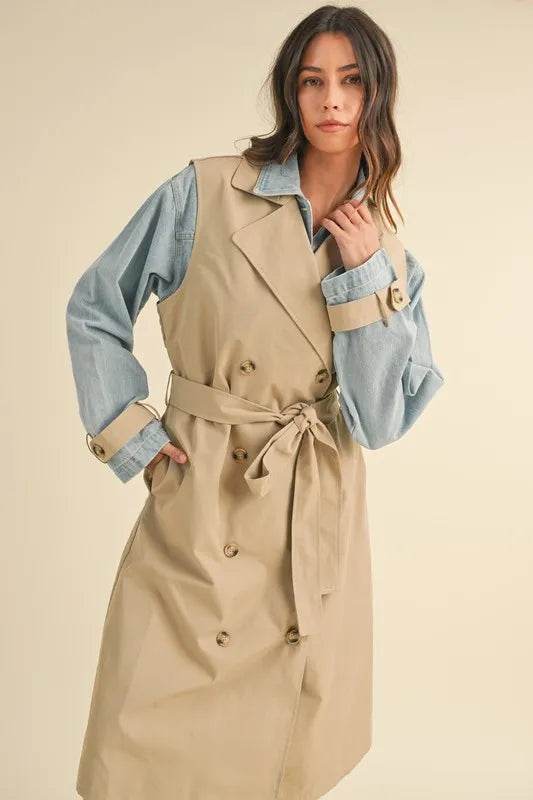 MABLE Layered Look Trench Coat With Denim Jacket - By Baano