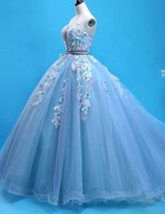 Blue strapless lace applique floral long tulle ball gown