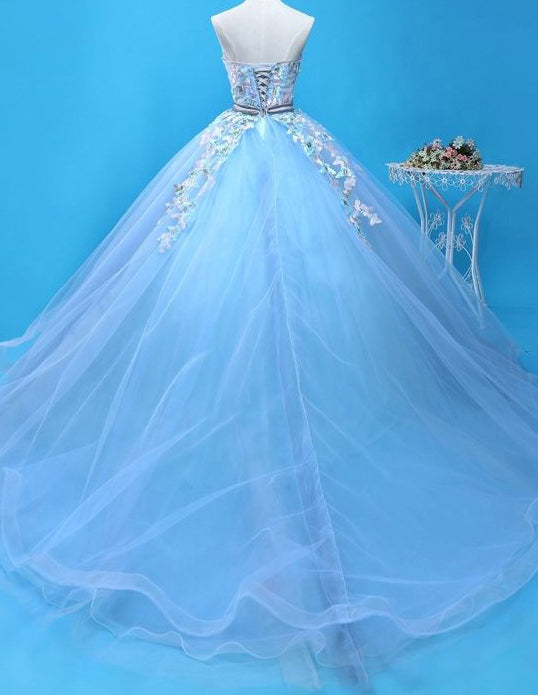 Blue strapless lace applique floral long tulle ball gown
