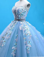Blue strapless lace applique floral long tulle ball gown