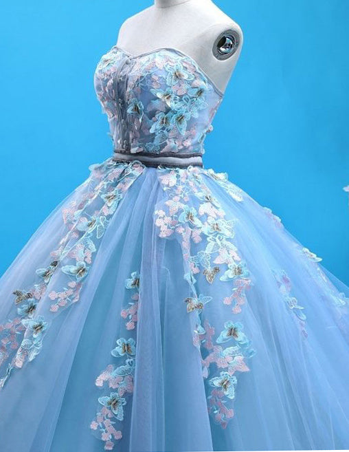 Blue strapless lace applique floral long tulle ball gown