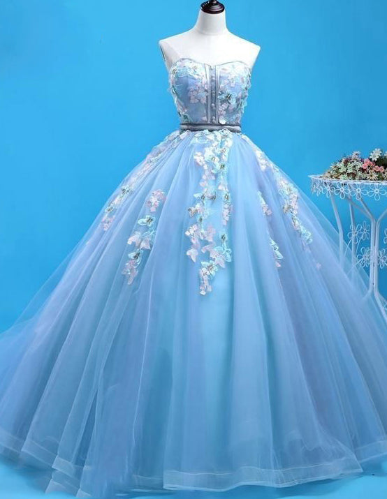 Blue strapless lace applique floral long tulle ball gown