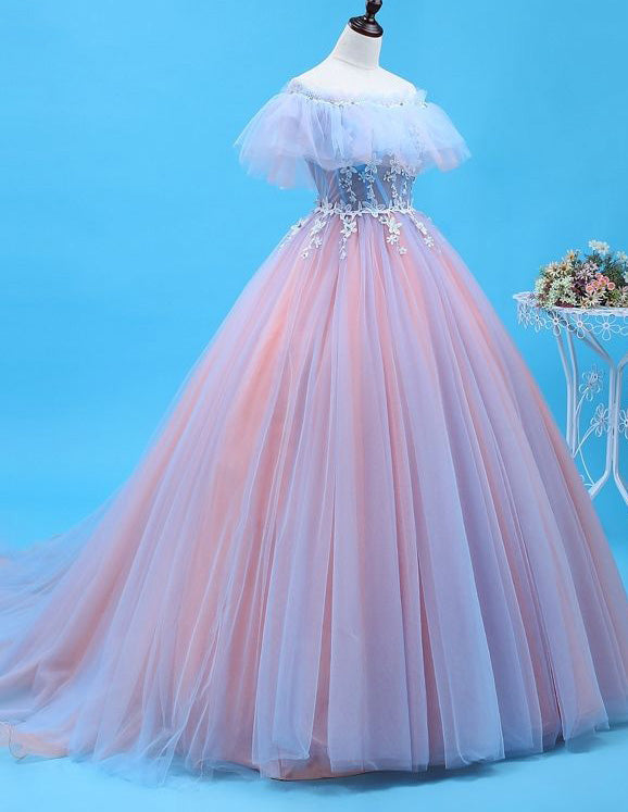Off the shoulder lace applique beaded long tulle ball gown