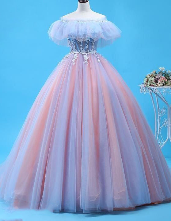 Off the shoulder lace applique beaded long tulle ball gown