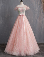 Pink off the shoulder long ball gown,sequin tulle evening gown