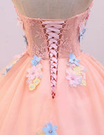 Strapless pink floral lace beaded long tulle ball gown