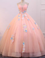 Strapless pink floral lace beaded long tulle ball gown